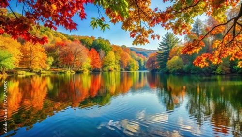Autumnal Serenity A Picturesque Lake Reflecting Vibrant Fall Foliage Under a Clear Sky
