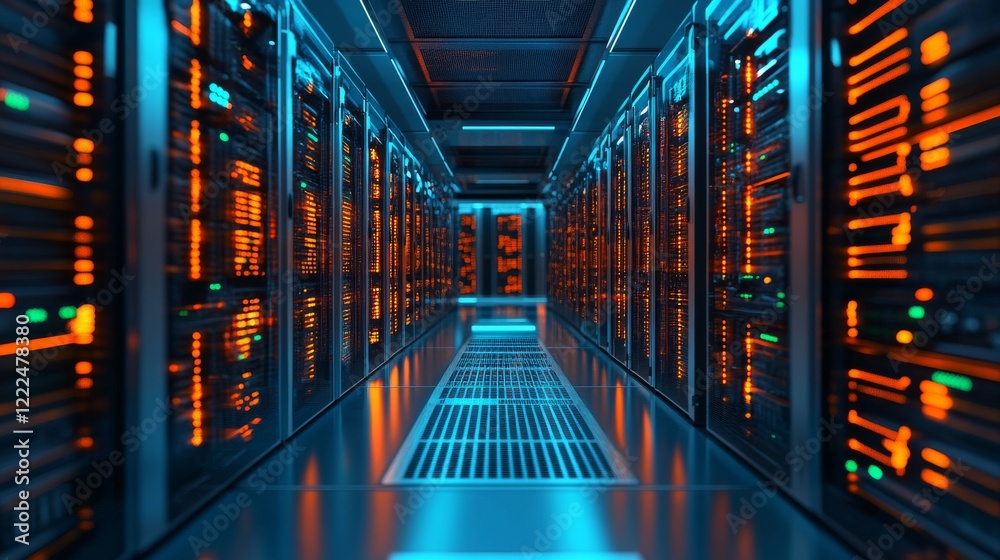 Futuristic 3d render of printed circuit board server with advanced code processing, featuring blue, orange, and green technology elements, representing innovation, digital connectivity, and high-tech Futuristic 3d render of printed circuit board server with advanced code processing, featuring blue, orange, and green technology elements, representing innovation, digital connectivity, and high-tech