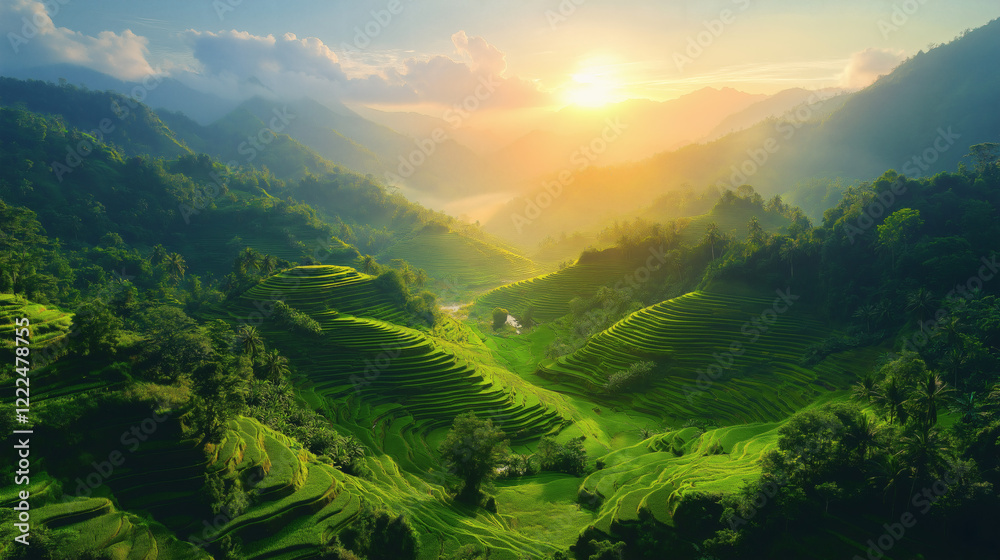 Fototapeta premium Green Valley and Mountains in Dawn Light