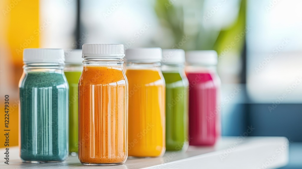 Natural ingredients foods concept. Colorful bottles of fresh juice arranged on a table in a bright, vibrant setting. Natural ingredients foods concept. Colorful bottles of fresh juice arranged on a table in a bright, vibrant setting.
