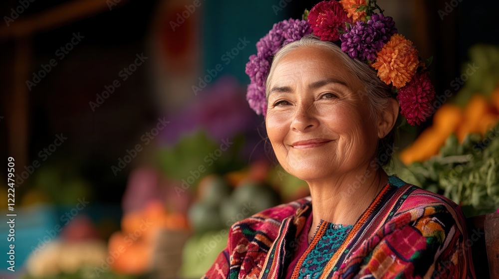 Fototapeta premium A joyful older woman with floral headwear smiles warmly amidst a vibrant market filled with fruits and flowers.