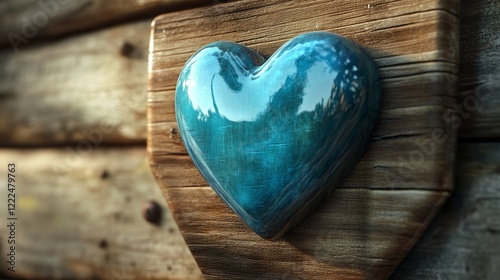 Blue Heart and family wood plate image 3d Rendering