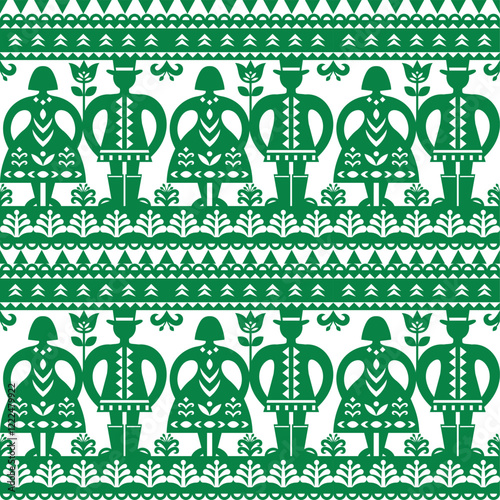 Polish folk art vector seamless pattern with man and woman - Kurpiowskie Leluje Wycinanki - Kurpie paper cut outs design in green
