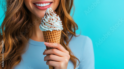 Lächelnde Person in hellblauem Pullover hält eine Eistüte mit dekorativem Softeis vor türkisfarbenem Hintergrund. Sommerliche Stimmung mit Fokus auf das Dessert photo