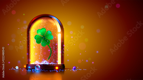 Four-leaf clover in glass flask. A magical clover that brings good luck. Clover with four leaves is an Irish symbol of luck. Clover background for St. Patrick Day. Fortune Four-leaf hanging in flask.