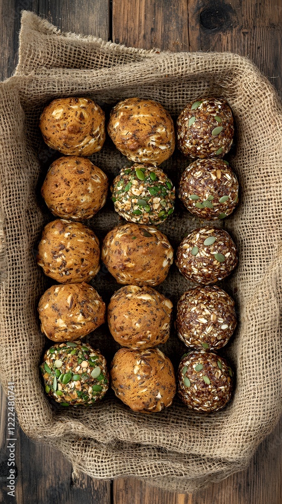 Fototapeta premium Assorted Homemade Seed & Grain Energy Balls in Burlap