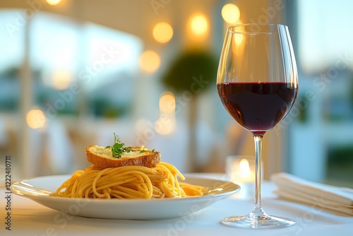 A plate of spaghetti with garlic bread and a glass of red wine on a beautifully lit dining table. photo