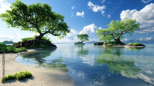 Tranquil island trees reflecting in calm sea, sunny day