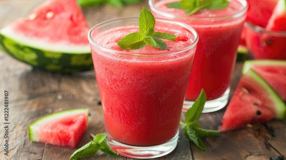 Refreshing watermelon smoothie in a tall glass with slices of watermelon. A summer vitamin drink. Refreshing watermelon smoothie in a tall glass with slices of watermelon. A summer vitamin drink.