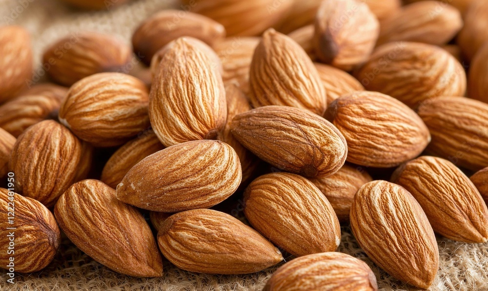 Close-up of almonds on burlap, ideal for food blogs or health articles Close-up of almonds on burlap, ideal for food blogs or health articles