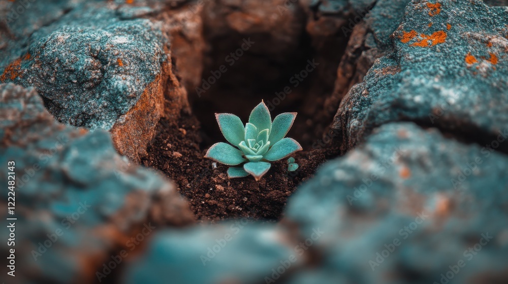 A close-up of a small plant growing through a crack in dry, parched soil. A close-up of a small plant growing through a crack in dry, parched soil.