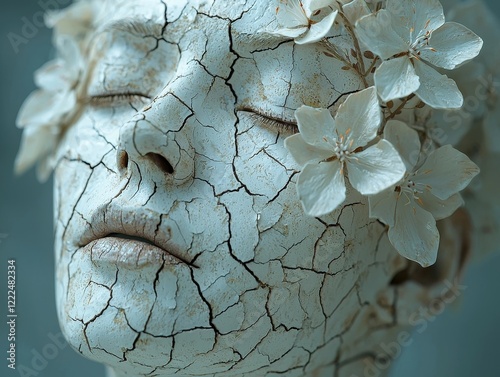 Surreal Porcelain Face with Blooming Flowers Symbolizing Growth Through Brokenness photo