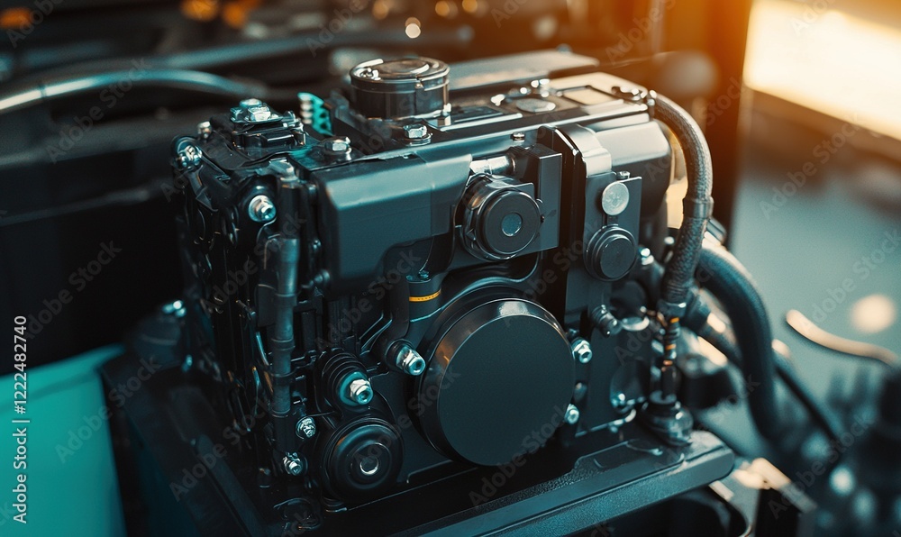 Close-up of new boat engine in a manufacturing warehouse, ready for installation Close-up of new boat engine in a manufacturing warehouse, ready for installation