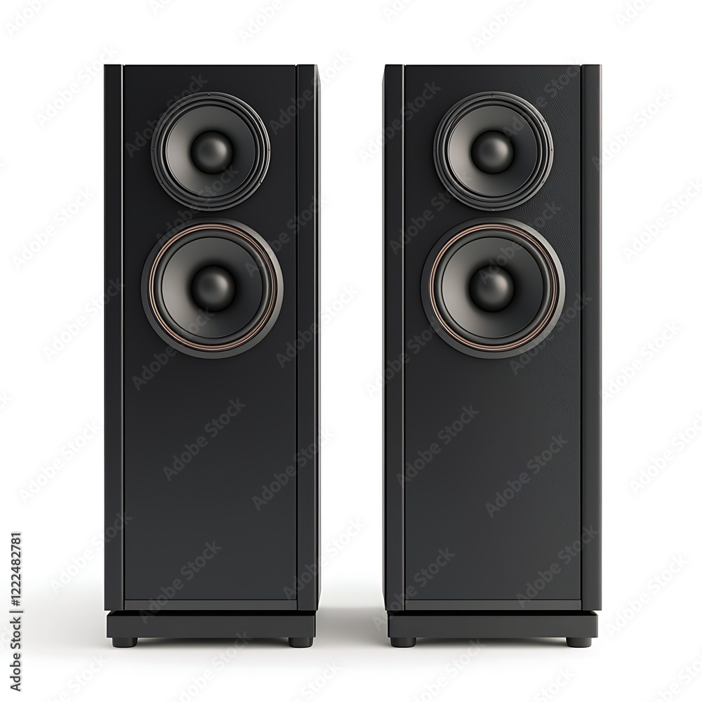 Fototapeta premium Two sleek black tower speakers featuring dual woofers, designed for powerful audio performance and a modern aesthetic.