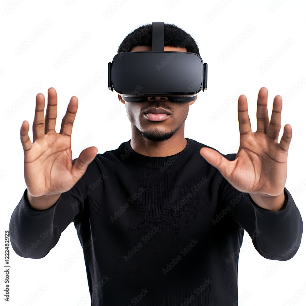 A person wearing a VR headset interacts with virtual surroundings, showcasing the immersive experience of virtual reality technology.