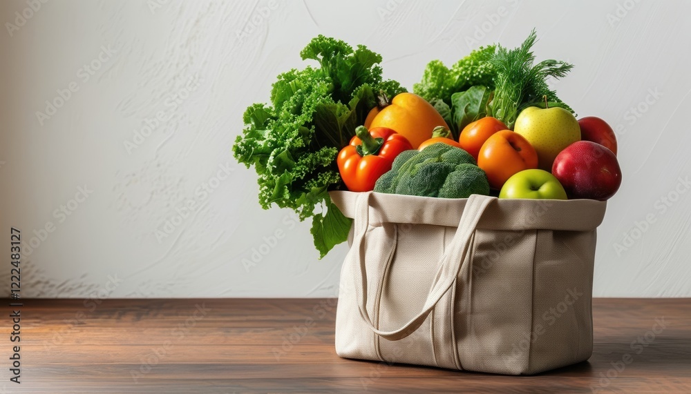 Eco-friendly reusable canvas bag filled with fresh vegetables on wooden table with copy space Eco-friendly reusable canvas bag filled with fresh vegetables on wooden table with copy space
