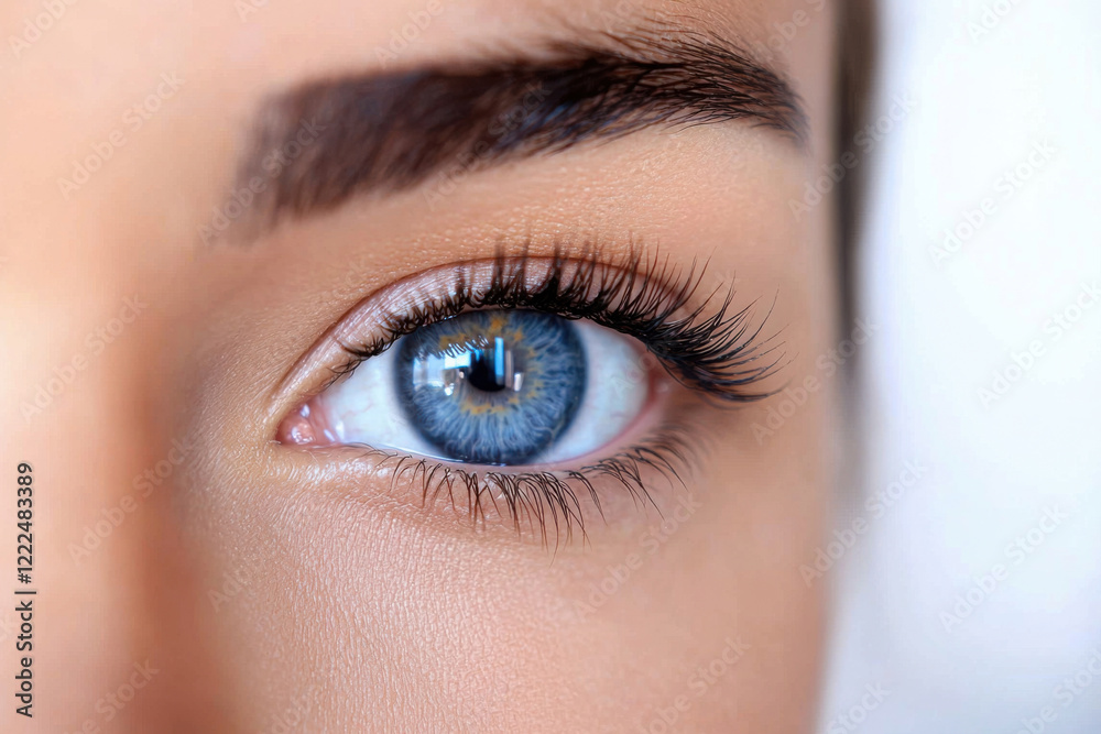 Obraz premium Close-up of a captivating blue eye with delicate eyelashes and defined brows.
