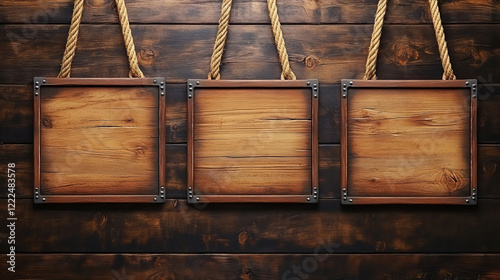 Fototapeta Naklejka Na Ścianę i Meble -  Wooden boards metal frame hang on ropes set. Realistic signboards with wood texture, banner label for bar saloon in rustic style. Blank vintage plank panels for menu, pub entrance vector illustration