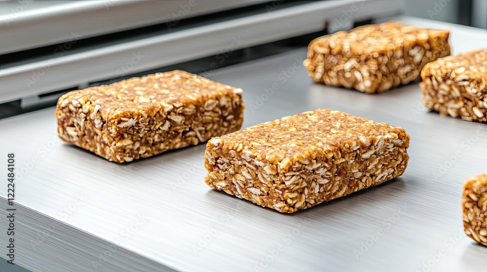Natural ingredients foods concept. Close-up of energy bars on a conveyor belt, showcasing their texture and natural ingredients. Natural ingredients foods concept. Close-up of energy bars on a conveyor belt, showcasing their texture and natural ingredients.