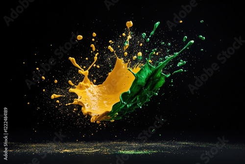 A striking splash of yellow and green paint bursts dramatically against a dark background, capturing the essence of creativity and movement in an artistic expression.
