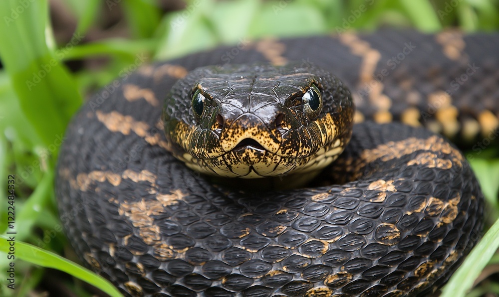 Coiled venomous snake in grass, close-up portrait, wildlife, nature photography Coiled venomous snake in grass, close-up portrait, wildlife, nature photography