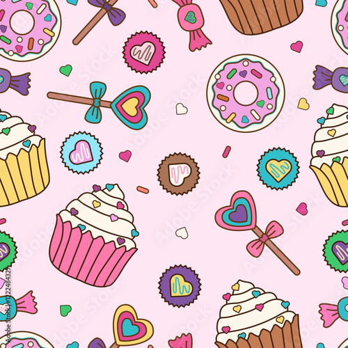 Cake, donut, sweet desserts, candy, confectionery, snacks, food, seamless pattern