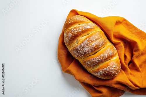 A beautifully baked artisan bread wrapped in an orange cloth, set against a white backdrop, capturing the essence of simplicity, warmth, and the art of baking. photo