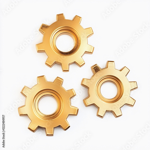 Three golden gears arranged on a white surface