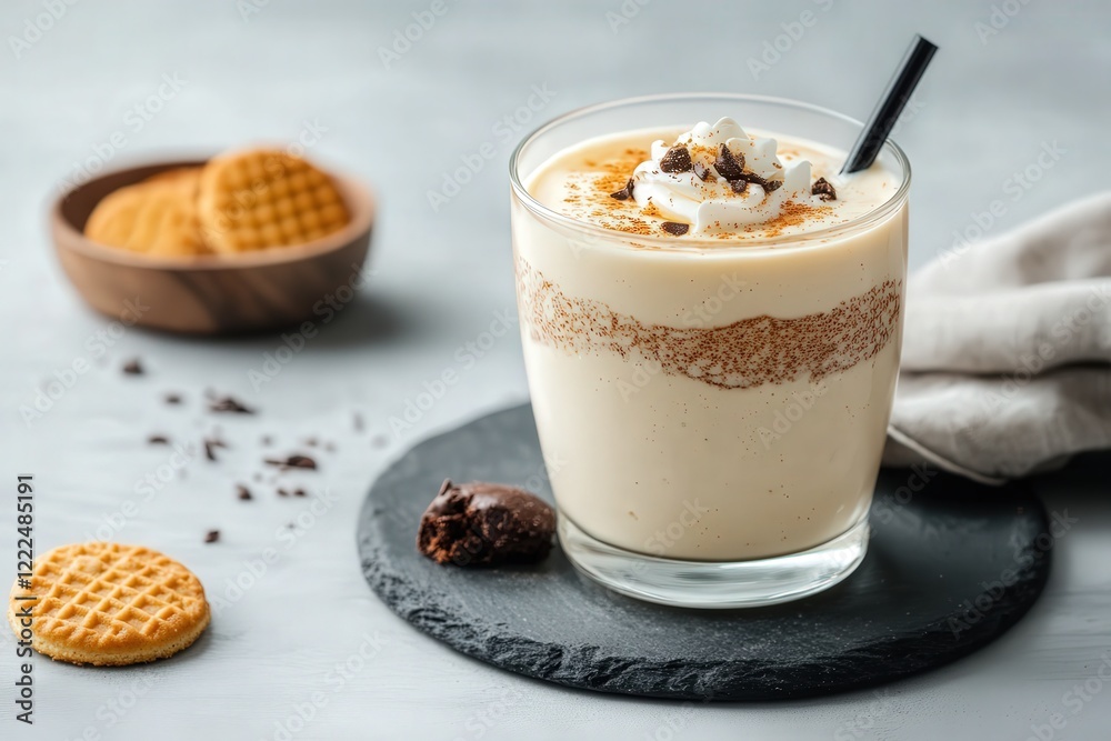 This refreshing smoothie is topped with a swirl of whipped cream, chocolate shavings, and accompanied by delicious cookies, perfect for a warm day or a delightful treat. This refreshing smoothie is topped with a swirl of whipped cream, chocolate shavings, and accompanied by delicious cookies, perfect for a warm day or a delightful treat.