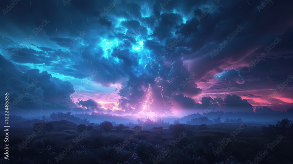 Fototapeta premium Thunderstorm displays an abstract beauty. Lightning and rain dominate the dark, stormy sky.