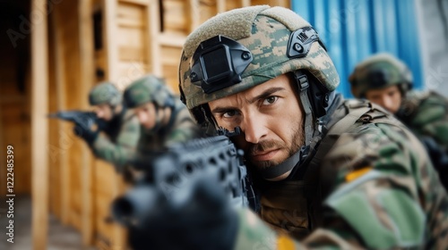 Focused Soldier Aiming with Rifle in Tactical Military Operation