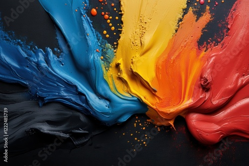 An energetic arrangement of vibrant paint swirls creating a striking visual with blue, yellow, orange, and red colors, embodying creativity and passion.