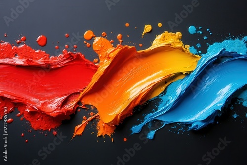 An attractive composition of flowing paint lines in red, orange, and blue create a harmonious visual, symbolizing creativity and artistic expression.