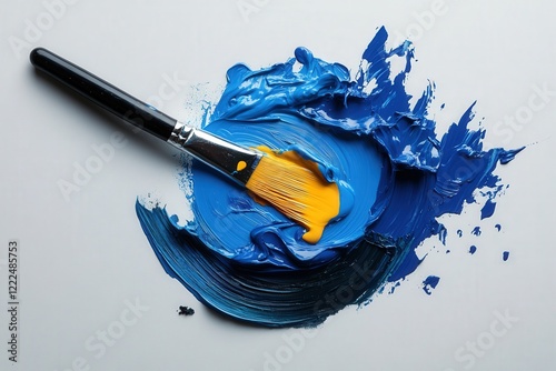 This striking image showcases a large brush stroke swirling blue paint, surrounded by vibrant colors, representing bold artistic expression and creativity.