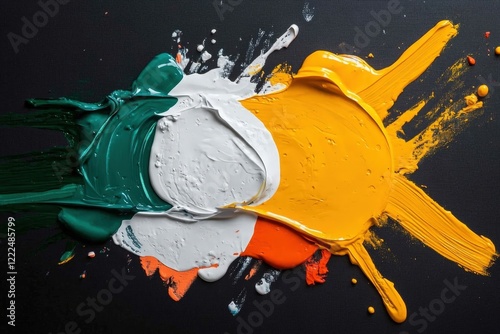 A dynamic mix of green, white, and orange paint envelops the canvas in an expressive manner, showcasing creativity and modern abstract aesthetics.