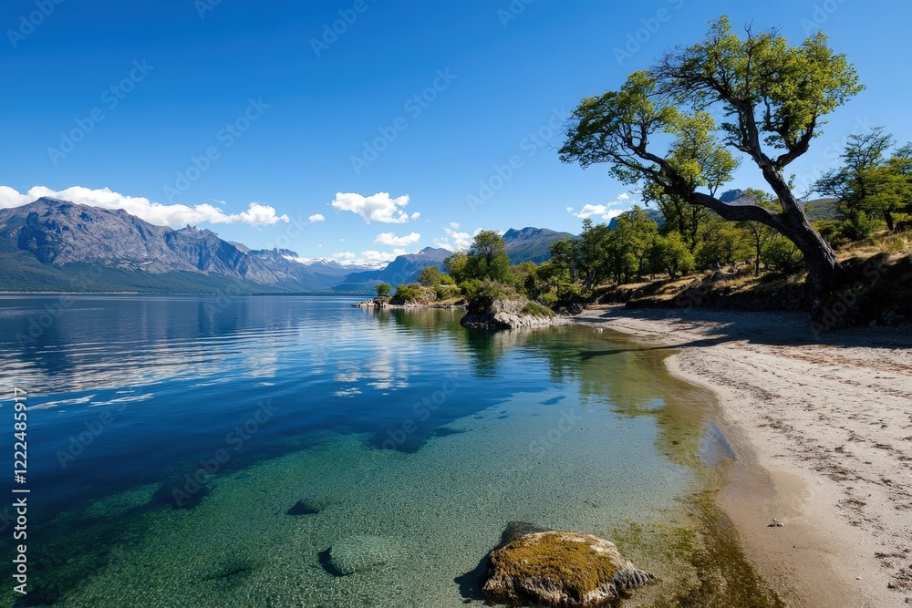 Fototapeta premium A breathtaking lakeside scene showcasing calm waters, majestic mountains, and a radiant sky, inviting tranquility and connection to nature's beauty.