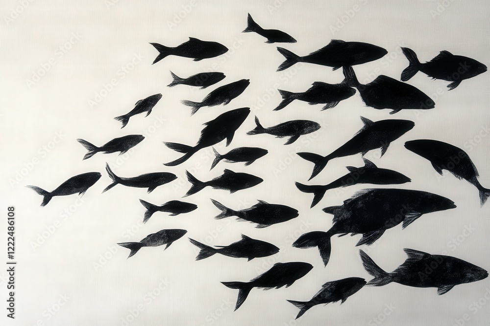 Fototapeta premium A visually striking depiction of a school of fish in vibrant movement, capturing the essence of life and motion in water, representing themes of community and the beauty beneath the surface.