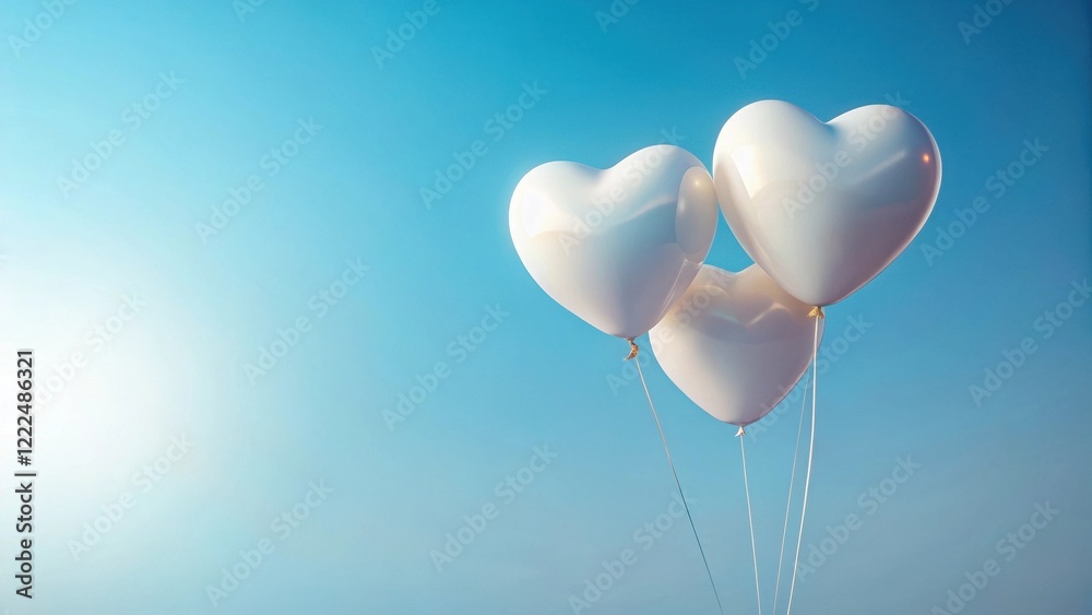 Three white heart-shaped balloons ascend against a serene azure sky, symbolizing hope, love, and joy on a bright day. Three white heart-shaped balloons ascend against a serene azure sky, symbolizing hope, love, and joy on a bright day.