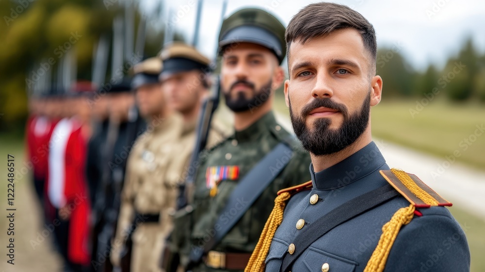Fototapeta premium Military Parade with Uniformed Soldiers and Officers in Formation