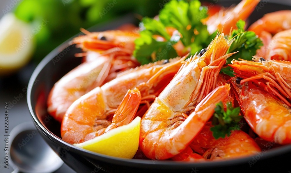 Cooked shrimp with lemon & parsley garnish in a black bowl, close-up for food photography Cooked shrimp with lemon & parsley garnish in a black bowl, close-up for food photography