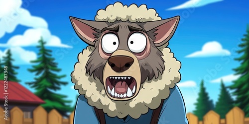 2D animation cartoon wolf wearing sheep costume  photo