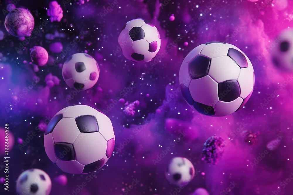 Fototapeta premium dynamic composition of floating soccer balls in various shades of purple and violet against a cosmic background