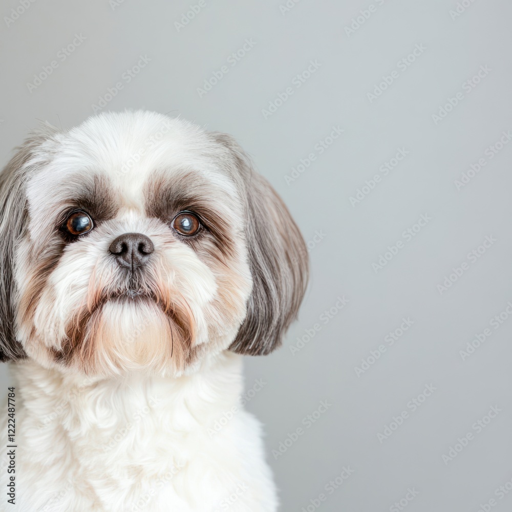 Cute and Fluffy Dog Portrait on Light Gray Background Cute and Fluffy Dog Portrait on Light Gray Background