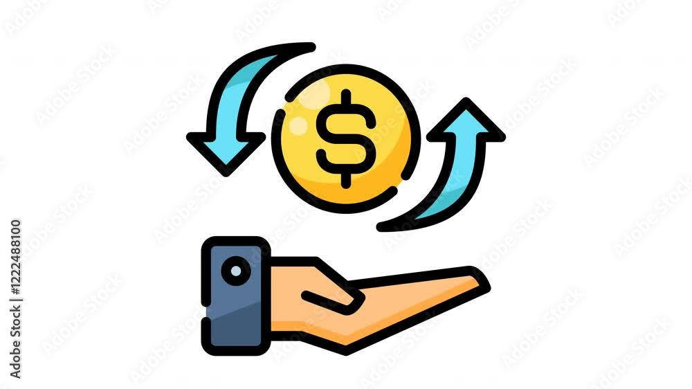Animated hand receiving cyclical dollar sign coin suitable for finance, investment, savings, economy, wealth management concepts. Business, money, financial planning visuals. Animated hand receiving cyclical dollar sign coin suitable for finance, investment, savings, economy, wealth management concepts. Business, money, financial planning visuals.