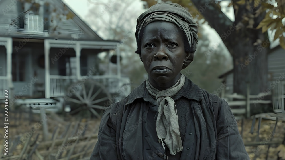a woman standing in front of an old house with a porch and a large tree. The person is wearing a headscarf and a dark jacket with a light-colored scarf. a woman standing in front of an old house with a porch and a large tree. The person is wearing a headscarf and a dark jacket with a light-colored scarf.