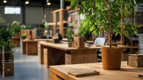 Modern workspace design office environment interior aesthetic plant integration wide angle view productivity concept