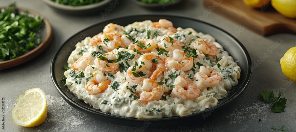 Delicious Creamy Shrimp Pasta with Spinach and Lemon, Gourmet Dinner or Lunch, Italian Cuisine Delicious Creamy Shrimp Pasta with Spinach and Lemon, Gourmet Dinner or Lunch, Italian Cuisine