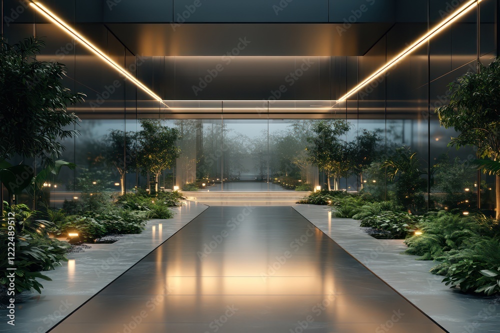 A contemporary office building surrounded by smooth glass walls, glowing lights, and manicured greenery A contemporary office building surrounded by smooth glass walls, glowing lights, and manicured greenery
