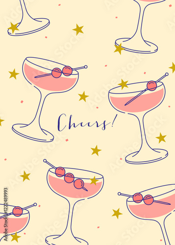 Cocktails Modern flat print. Colorful background with cocktail glasses. Cafe, bar and restaurant concept poster and web banner. Vector illustration