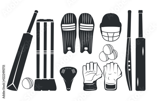 Cricket Helmet Gloves Stump With Cricket Gured Vector Clip Art Design Collection With White Background, Protective Helmet Stump And Pads, Ball Vector Set